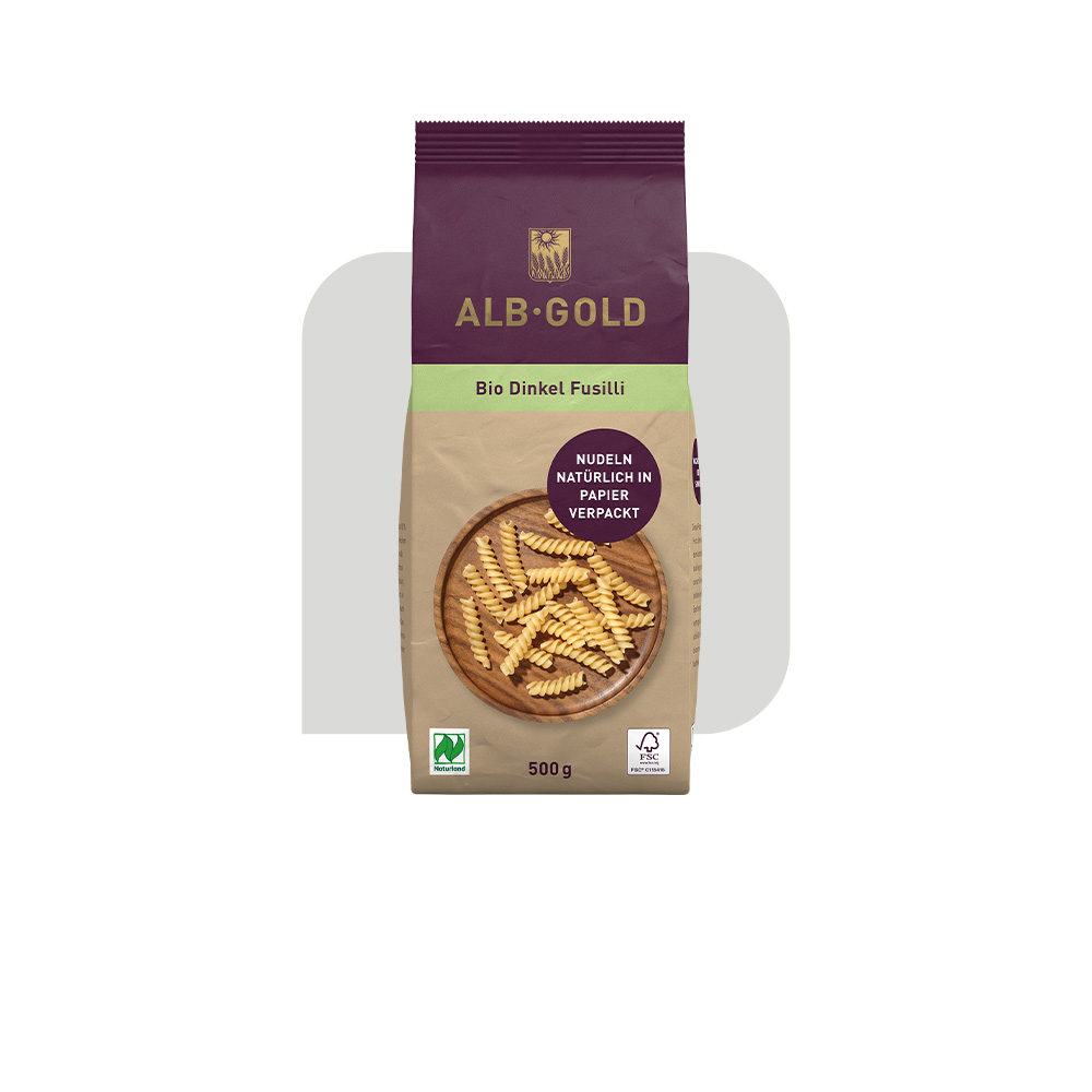Packshot der Bio Dinkel Fusilli in Papierverpackung