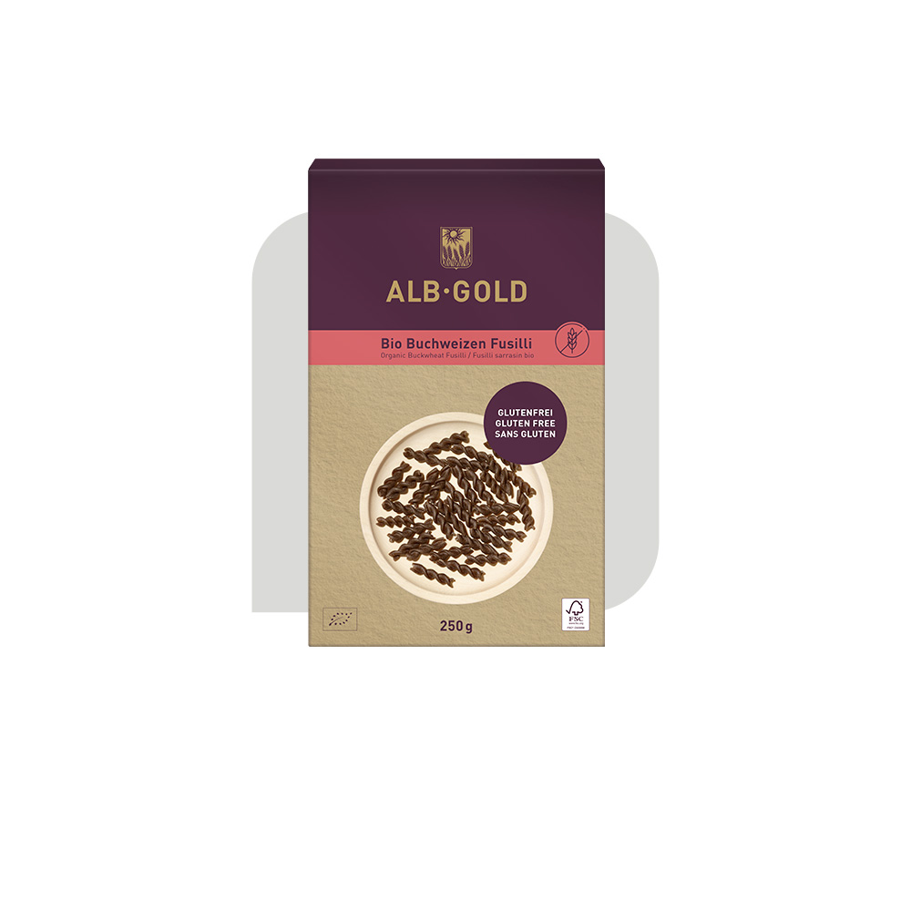 Packshot der glutenfreien Buchweizen Fusilli von ALB-GOLD